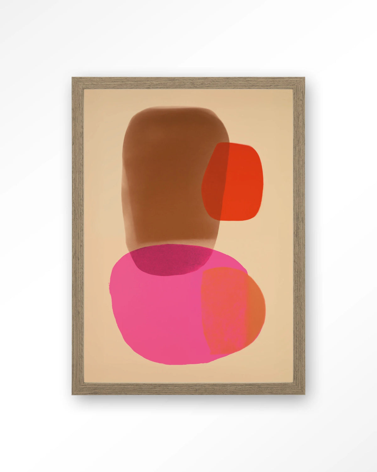 Soft Collusion – abstract in roze en oranje – Art print – Hout bruin