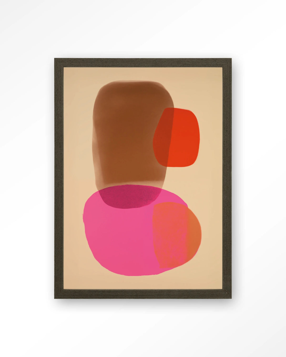 Soft Collusion – abstract in roze en oranje – Art print – Hout donkerbruin