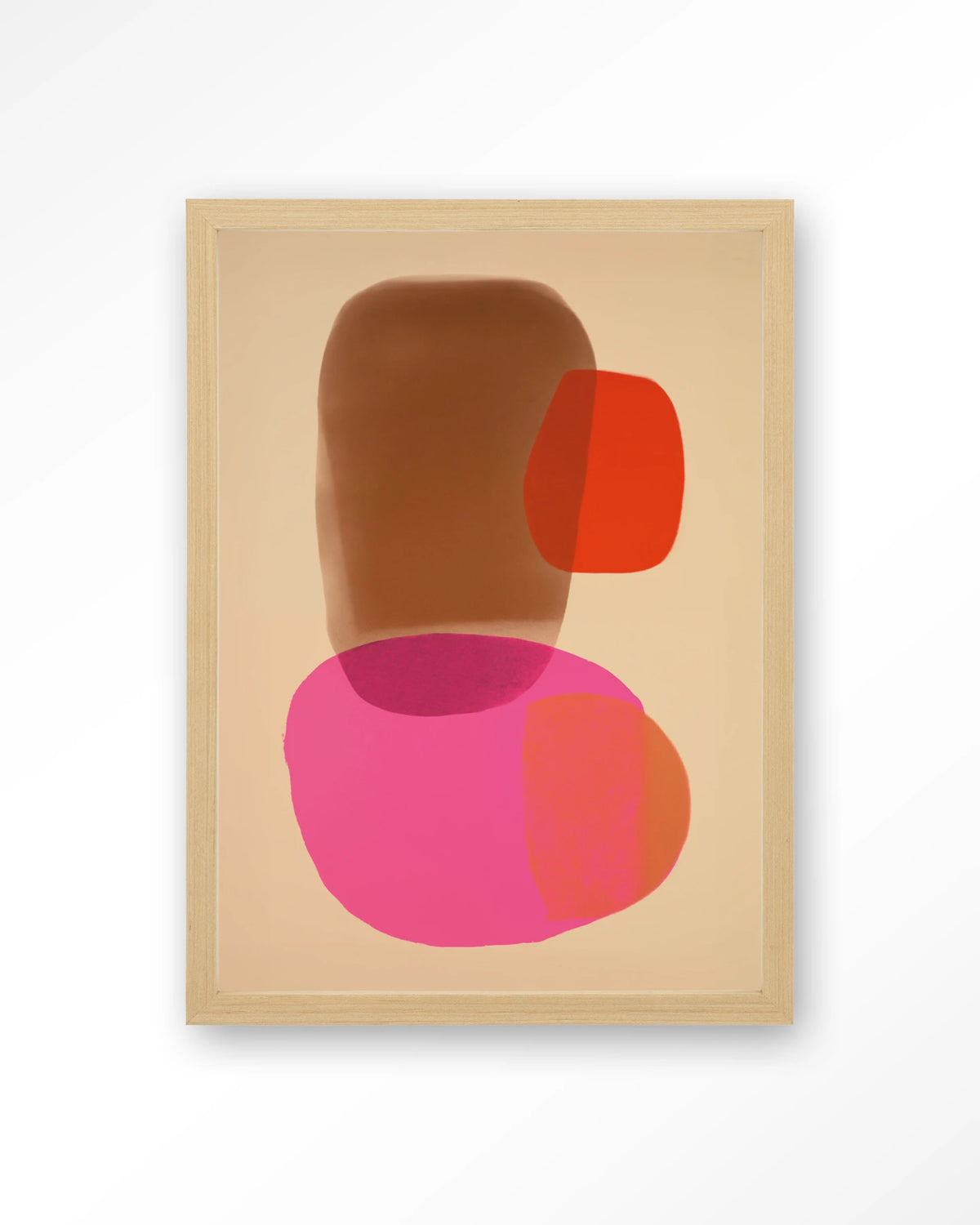 Soft Collusion – abstract in roze en oranje – Art print – Hout naturel