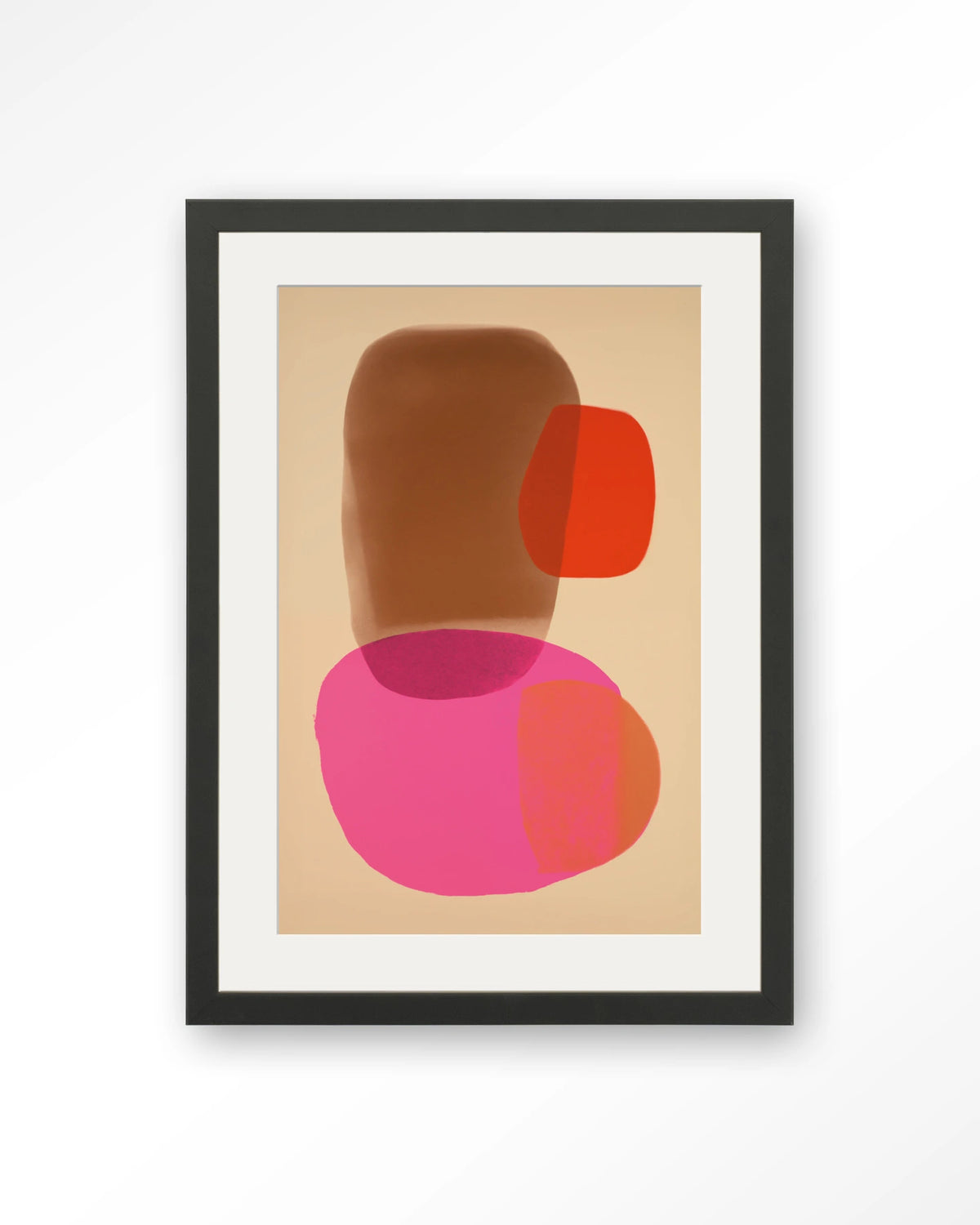 Soft Collusion – abstract in roze en oranje – Art print – Hout zwart + passe-partout