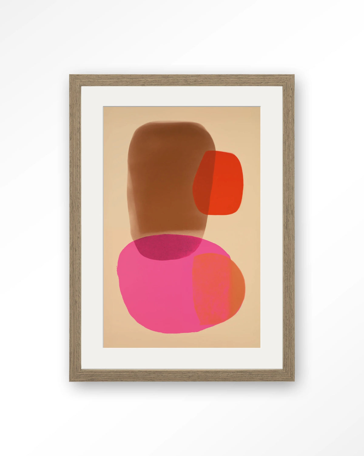 Soft Collusion – abstract in roze en oranje – Art print – Hout bruin + passe-partout