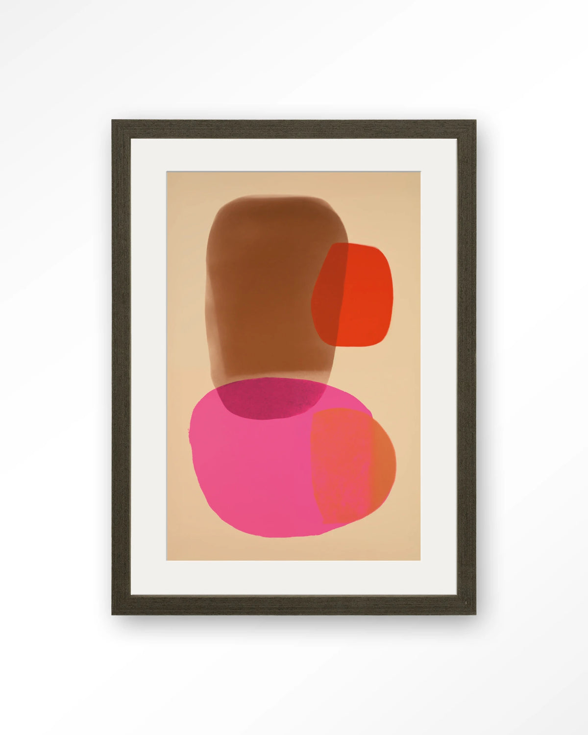 Soft Collusion – abstract in roze en oranje – Art print – Hout donkerbruin + passe-partout