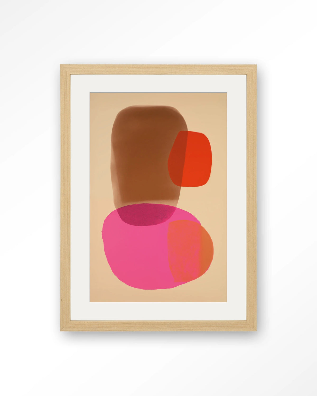 Soft Collusion – abstract in roze en oranje – Art print – Hout naturel + passe-partout