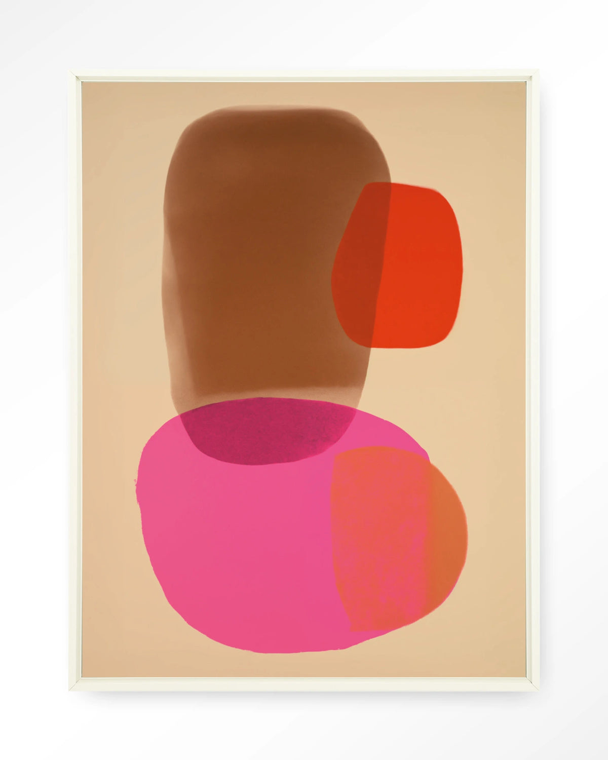 Soft Collusion – abstract in roze en oranje – Wandkleed – Floating frame – wit