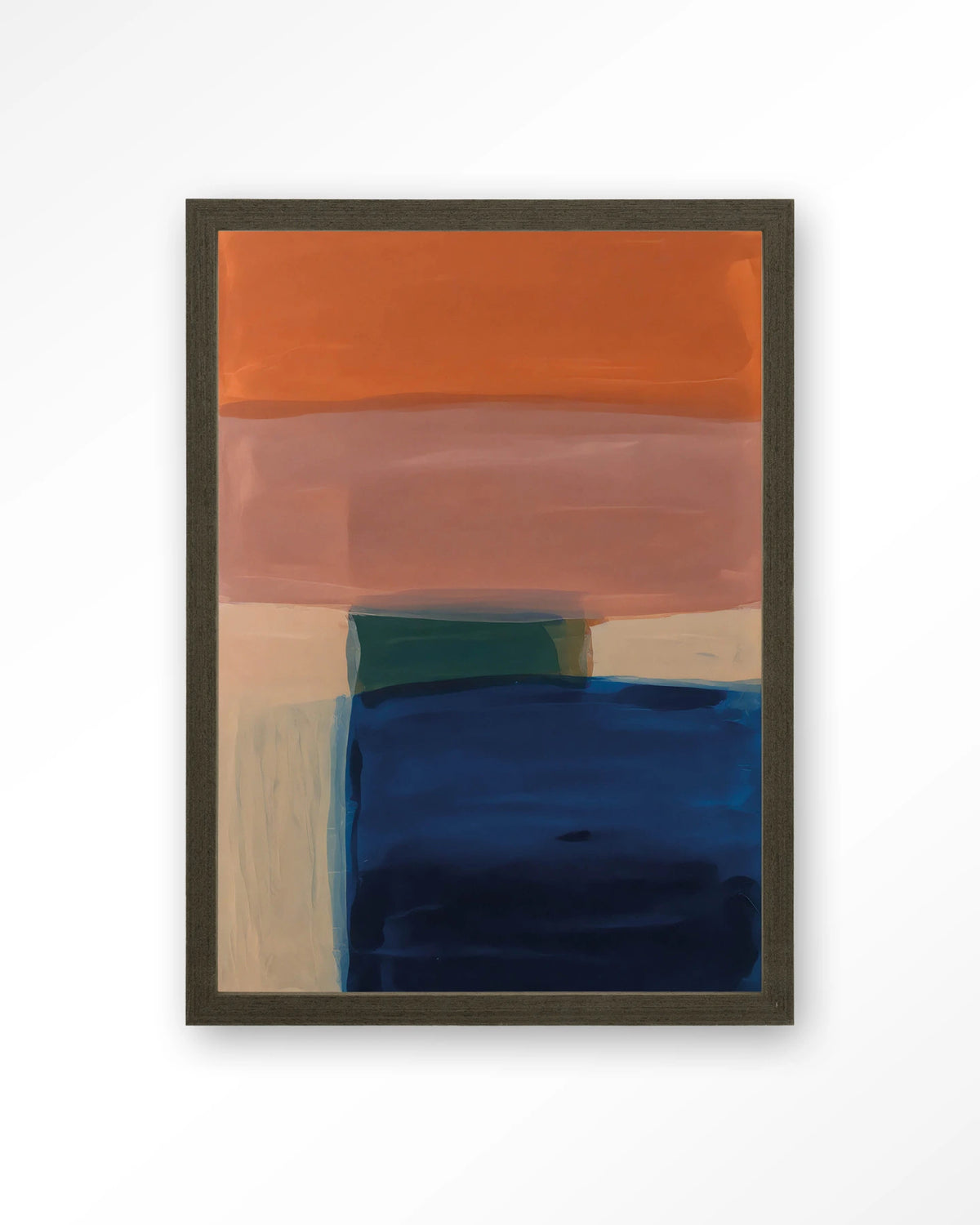 Still Waters – abstract in oranje en blauw – Art print – Hout donkerbruin