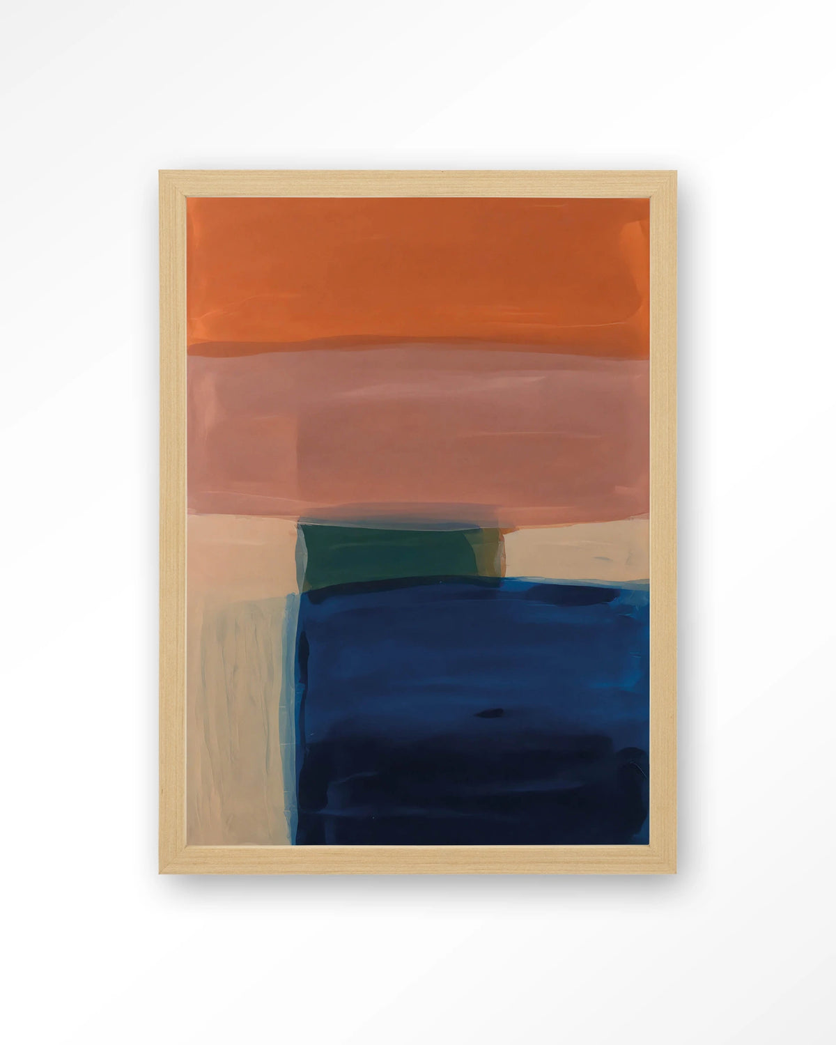 Still Waters – abstract in oranje en blauw – Art print – Hout naturel