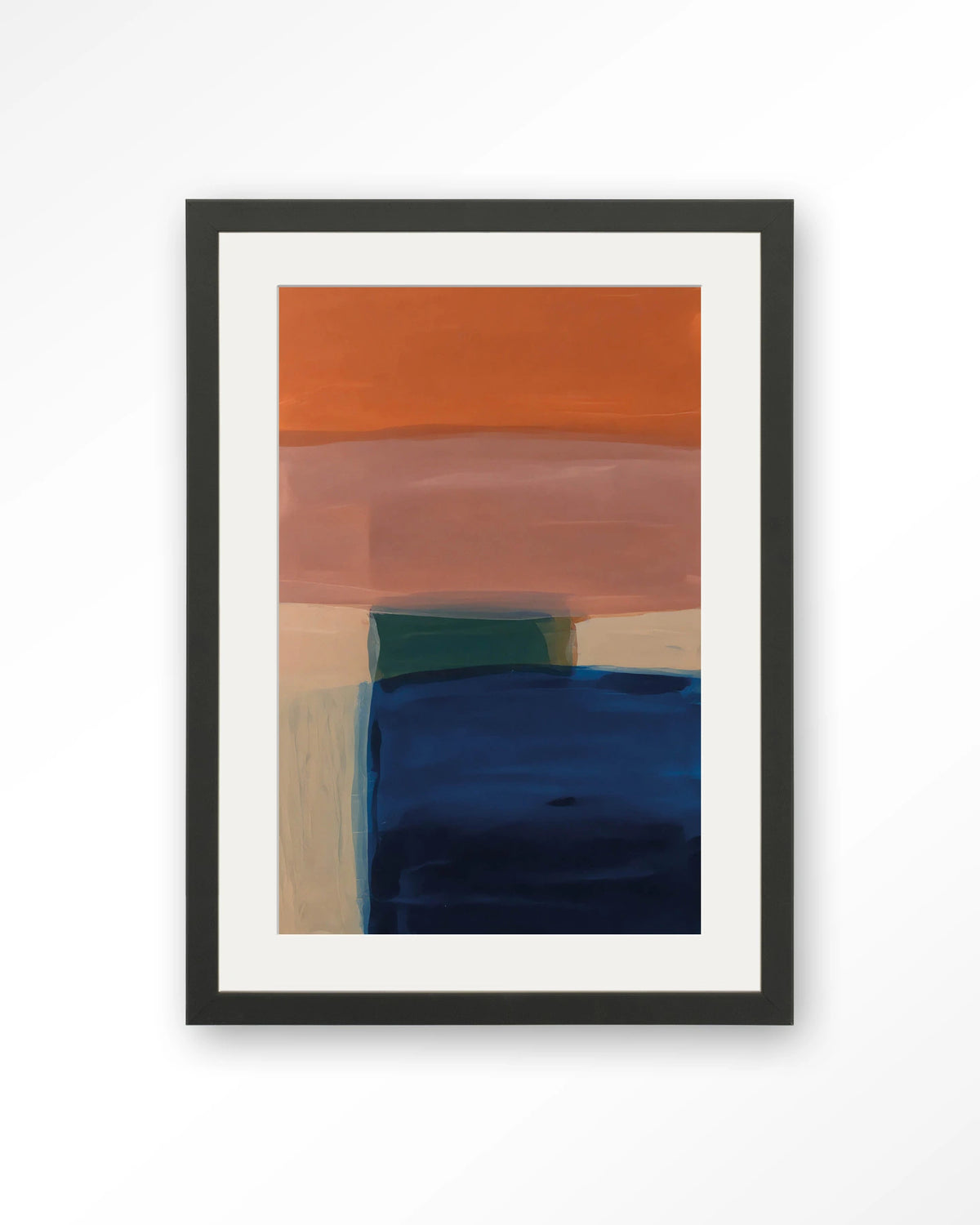 Still Waters – abstract in oranje en blauw – Art print – Hout zwart + passe-partout