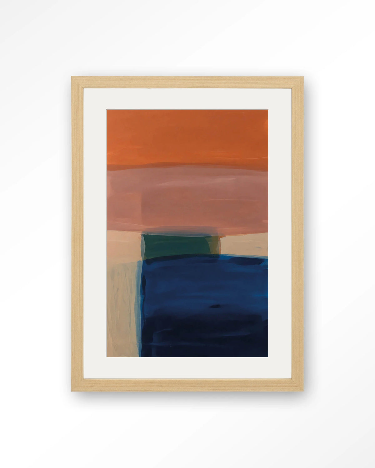 Still Waters – abstract in oranje en blauw – Art print – Hout naturel + passe-partout