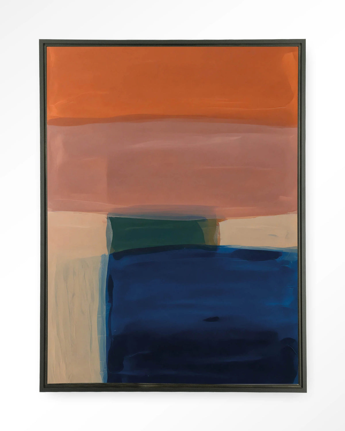 Still Waters – abstract in oranje en blauw – Wandkleed – Floating frame – zwart