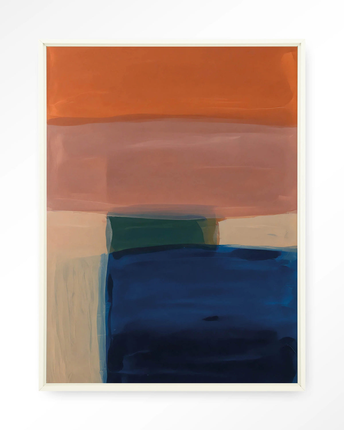 Still Waters – abstract in oranje en blauw – Wandkleed – Floating frame – wit