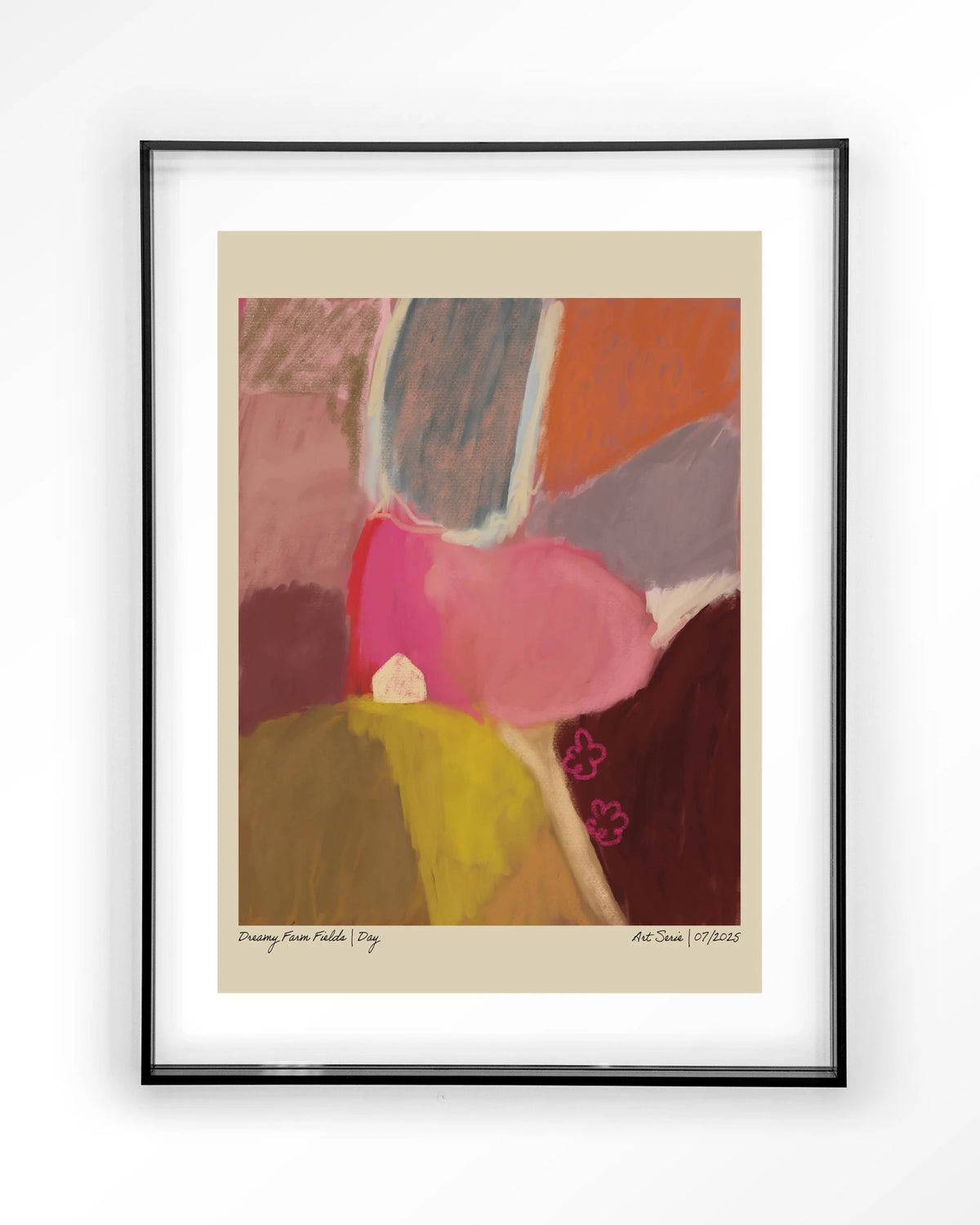 Dreamy Farmfield By Day – abstract landschap in roze – Art print – Acryl zwart
