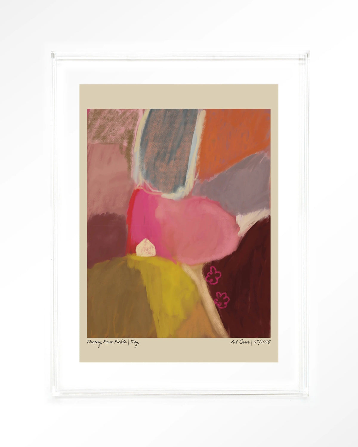 Dreamy Farmfield By Day – abstract landschap in roze – Art print – Acryl doorzichtig
