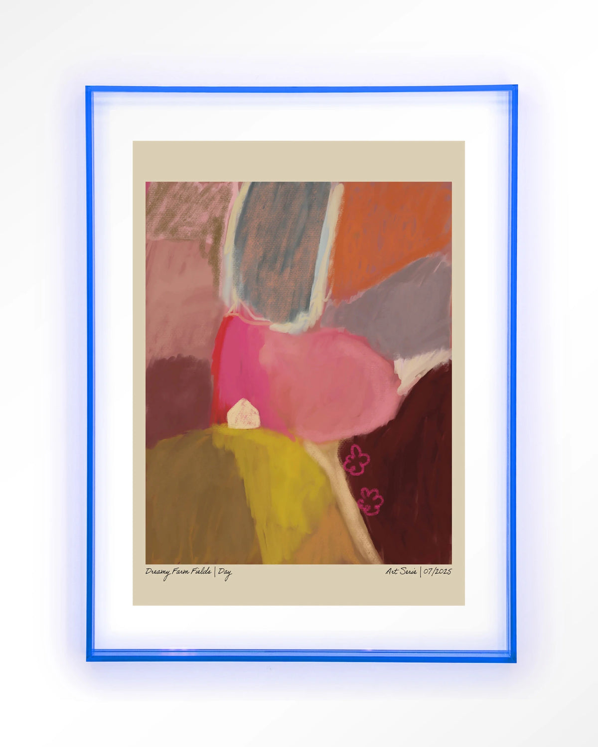 Dreamy Farmfield By Day – abstract landschap in roze – Art print – Acryl lichtblauw