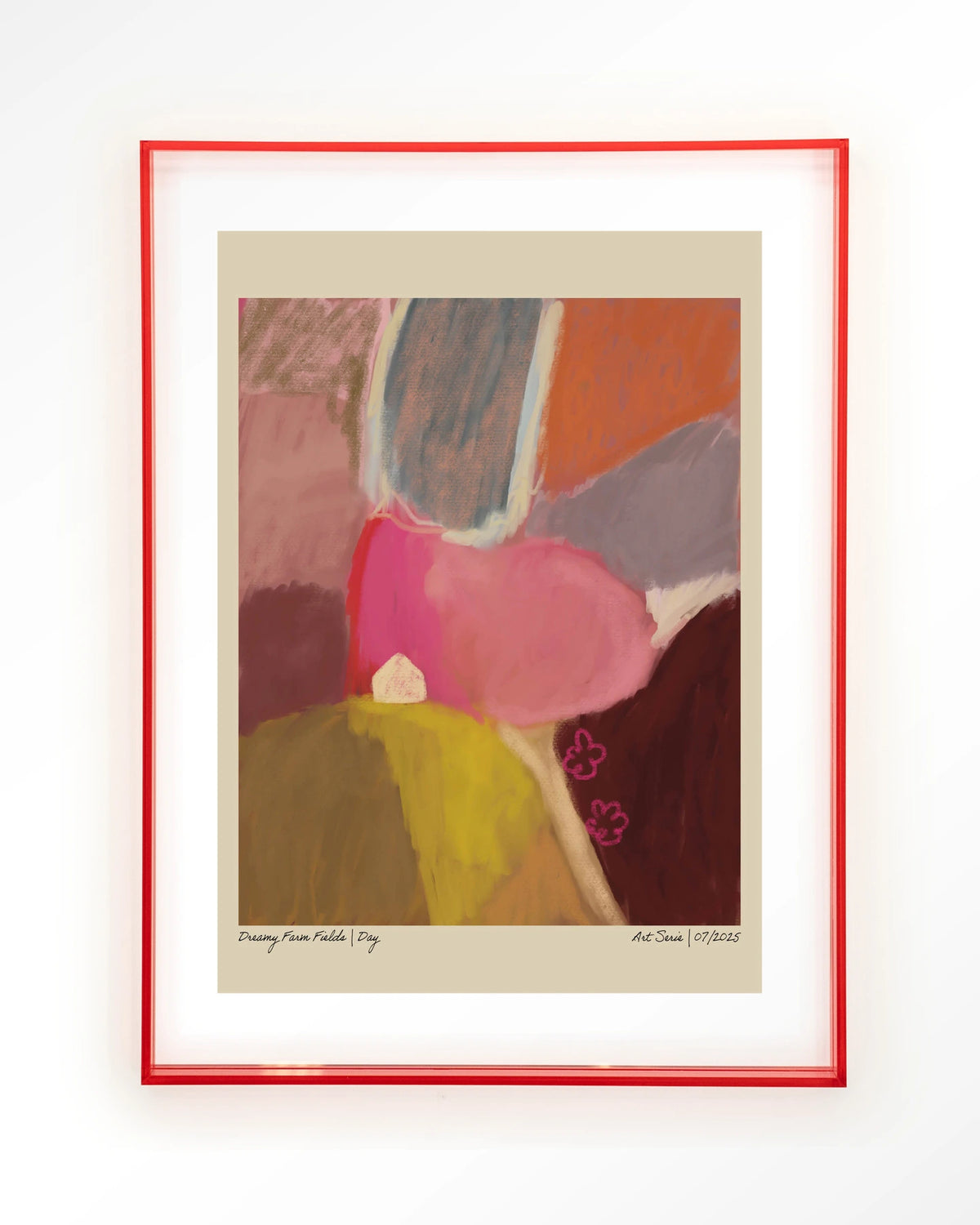 Dreamy Farmfield By Day – abstract landschap in roze – Art print – Acryl roze