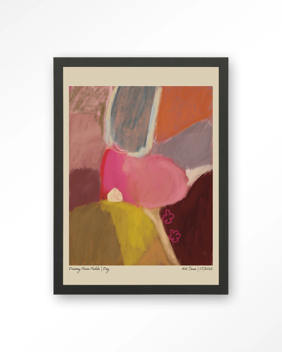 Dreamy Farmfield By Day – abstract landschap in roze – Art print – Hout zwart