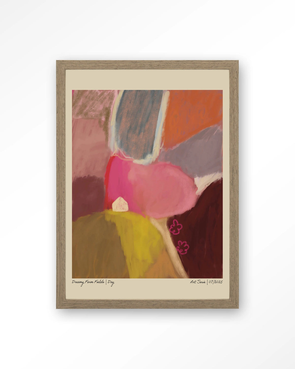 Dreamy Farmfield By Day – abstract landschap in roze – Art print – Hout bruin