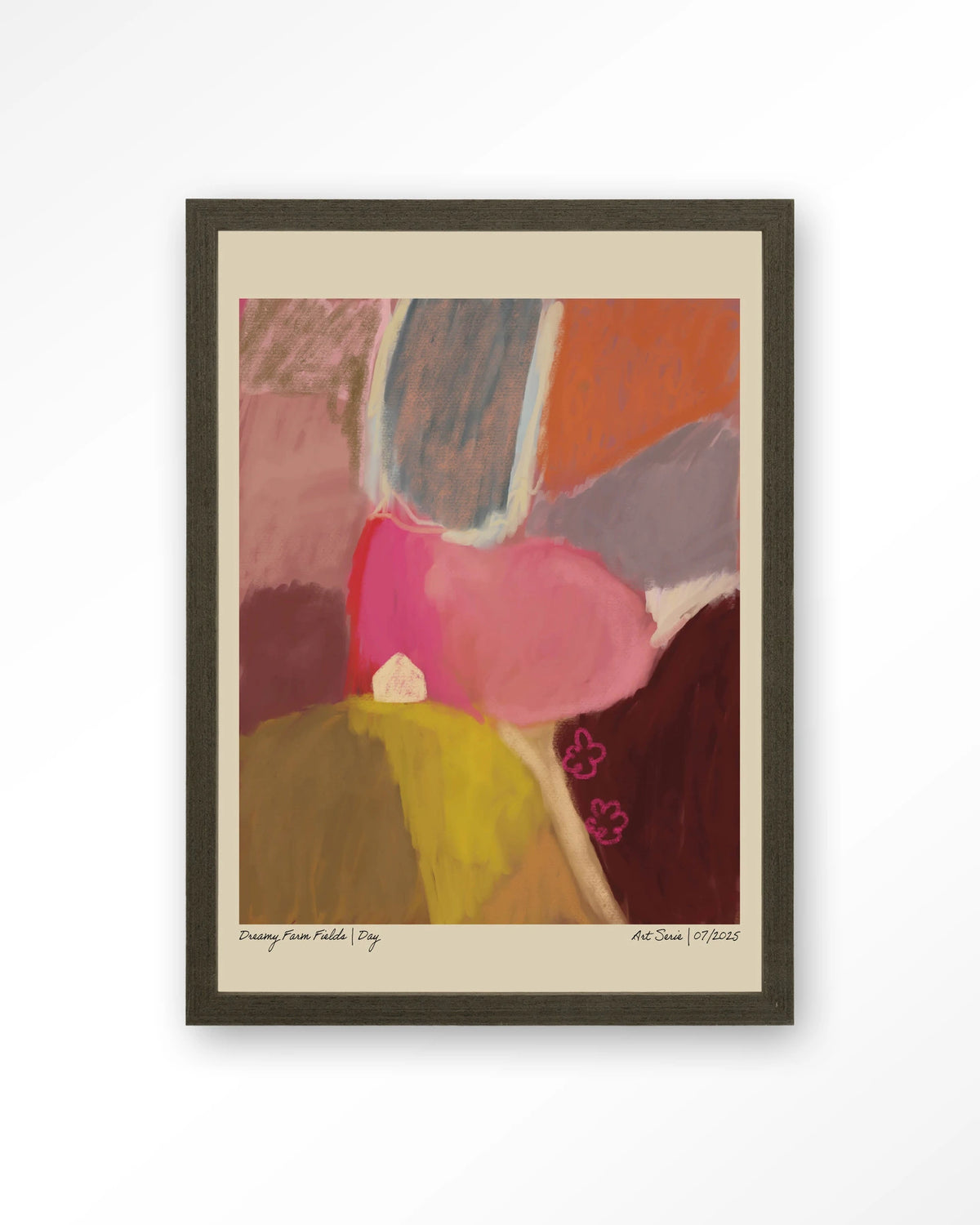 Dreamy Farmfield By Day – abstract landschap in roze – Art print – Hout donkerbruin