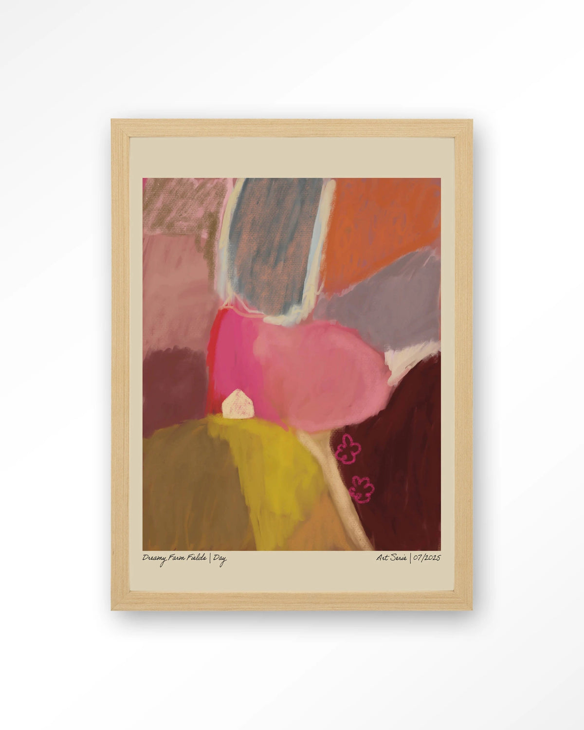 Dreamy Farmfield By Day – abstract landschap in roze – Art print – Hout naturel