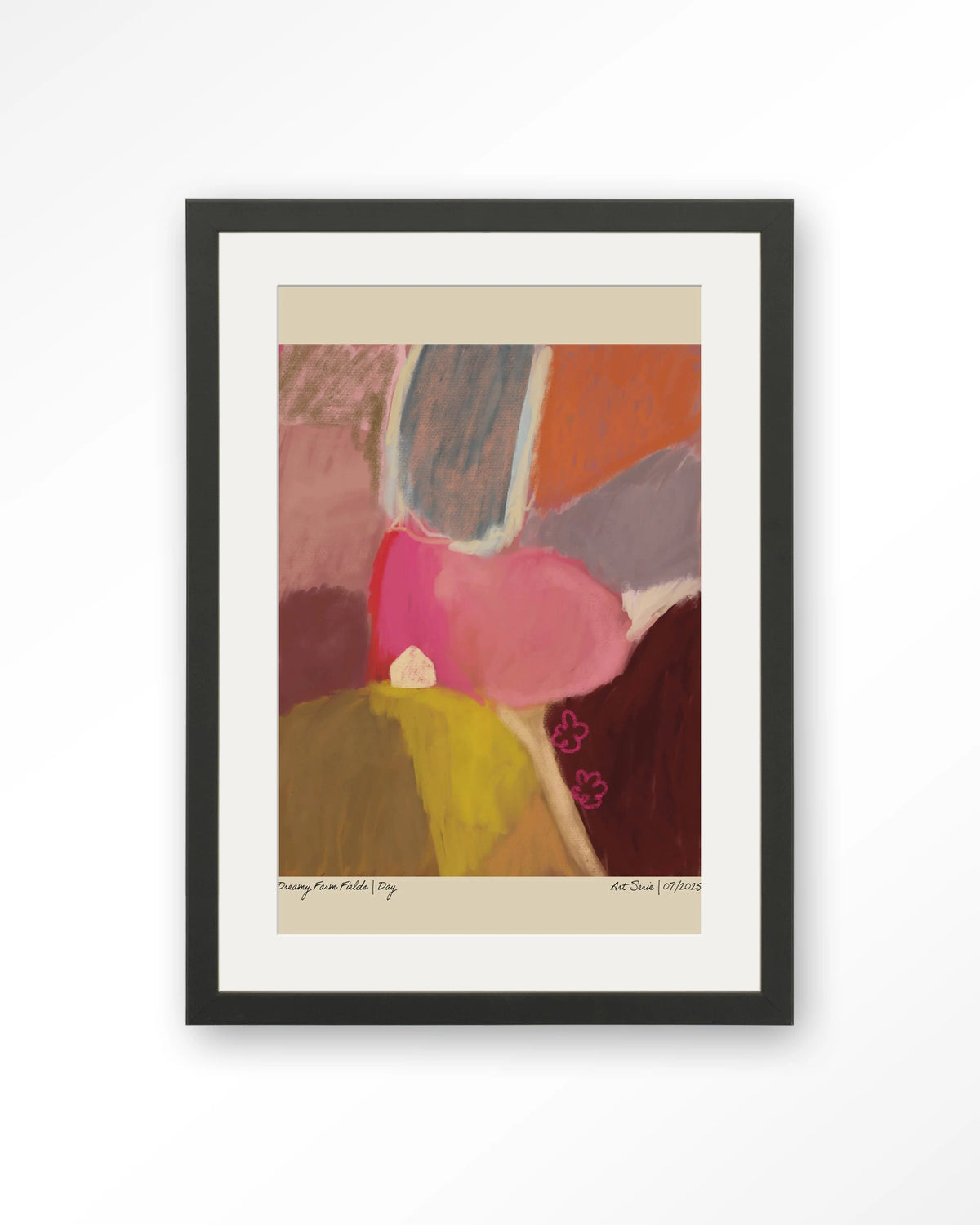 Dreamy Farmfield By Day – abstract landschap in roze – Art print – Hout zwart + passe-partout