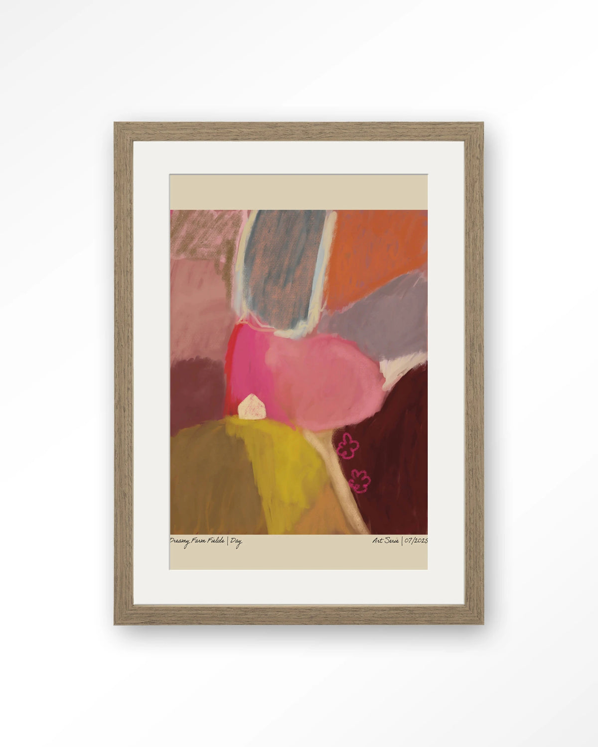 Dreamy Farmfield By Day – abstract landschap in roze – Art print – Hout bruin + passe-partout