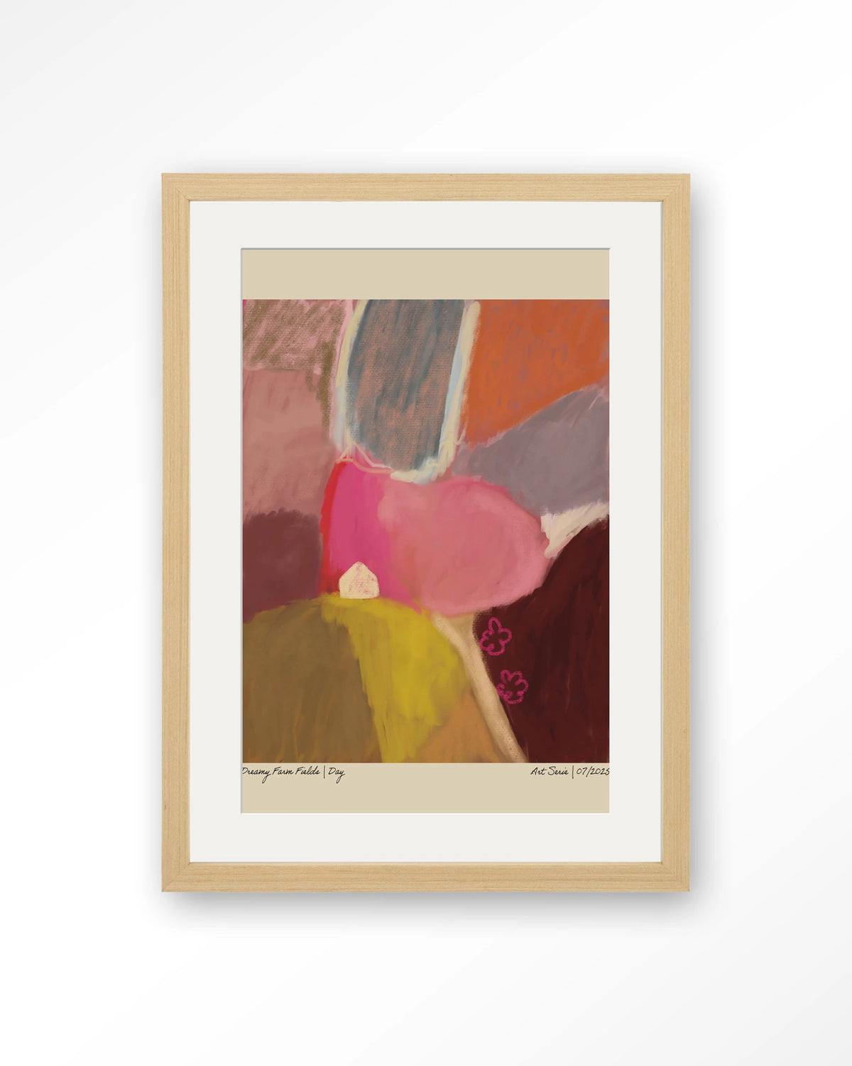 Dreamy Farmfield By Day – abstract landschap in roze – Art print – Hout naturel + passe-partout