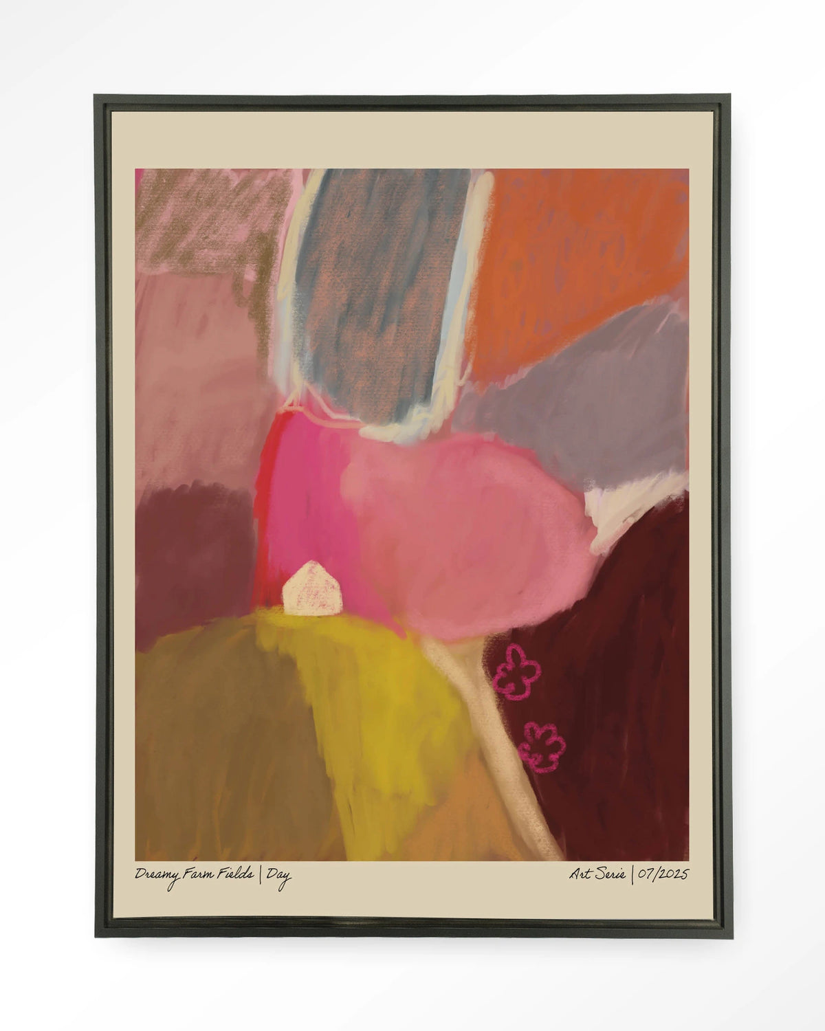Dreamy Farmfield By Day – abstract landschap in roze – Wandkleed – Floating frame – zwart