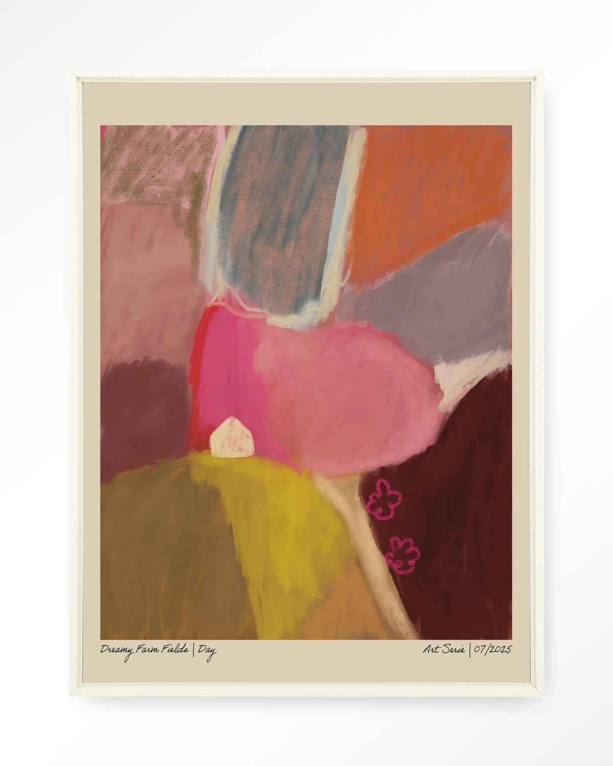 Dreamy Farmfield By Day – abstract landschap in roze – Wandkleed – Floating frame – wit