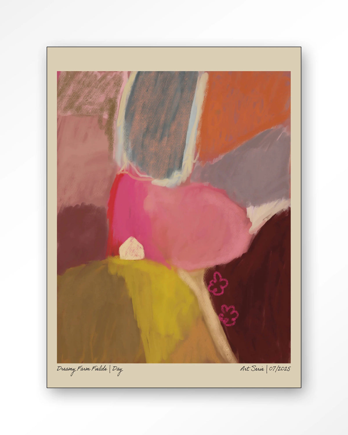 Dreamy Farmfield By Day – abstract landschap in roze – Wandkleed – Frame – zwart