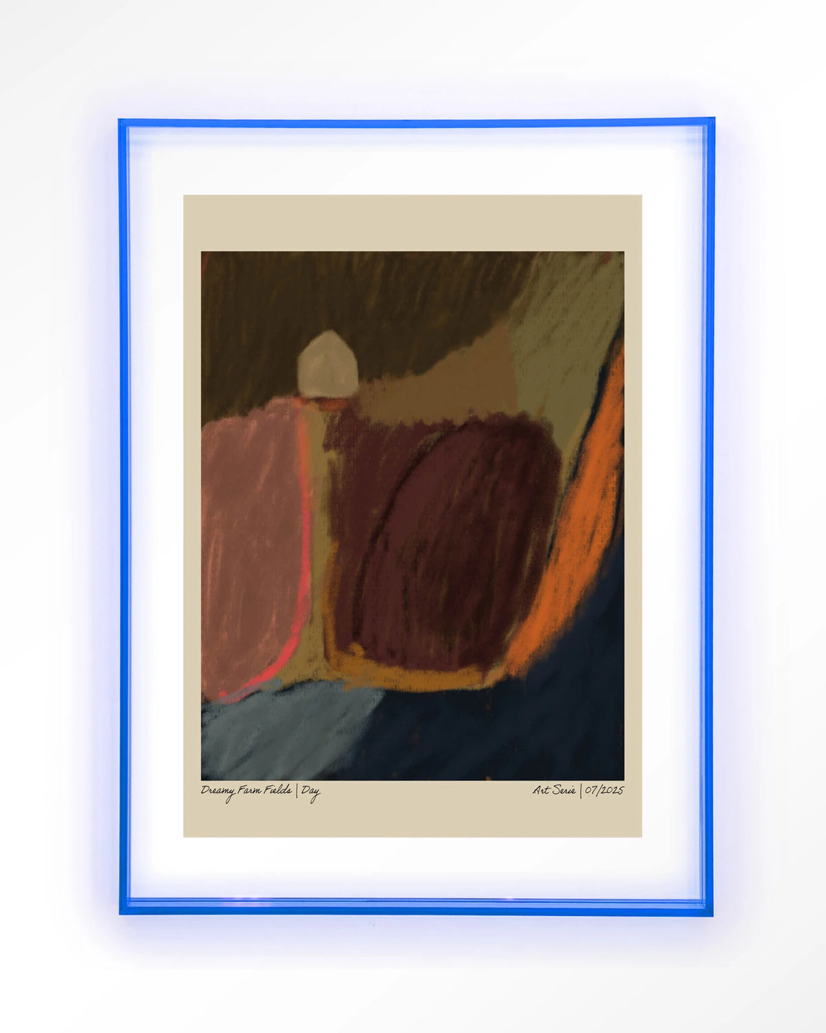Dreamy Farmfield By Night – abstract landschap in aardetinten – Art print – Acryl lichtblauw