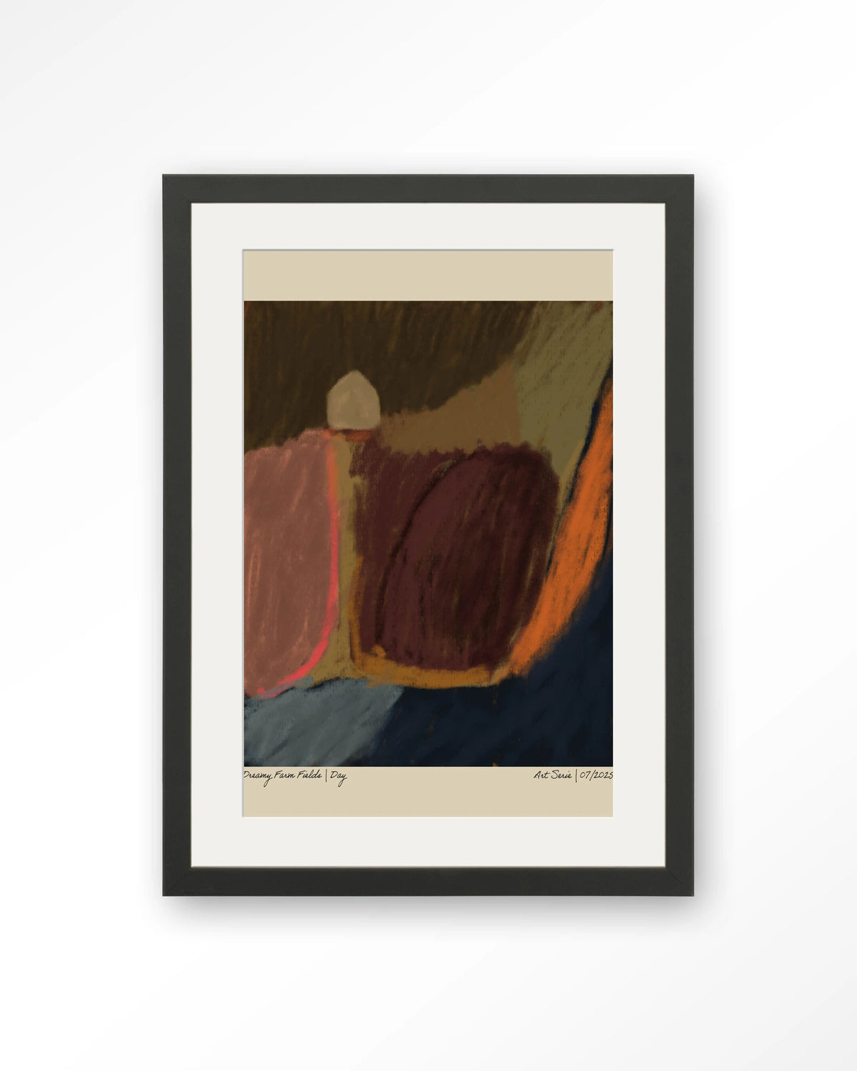 Dreamy Farmfield By Night – abstract landschap in aardetinten – Art print – Hout zwart + passe-partout