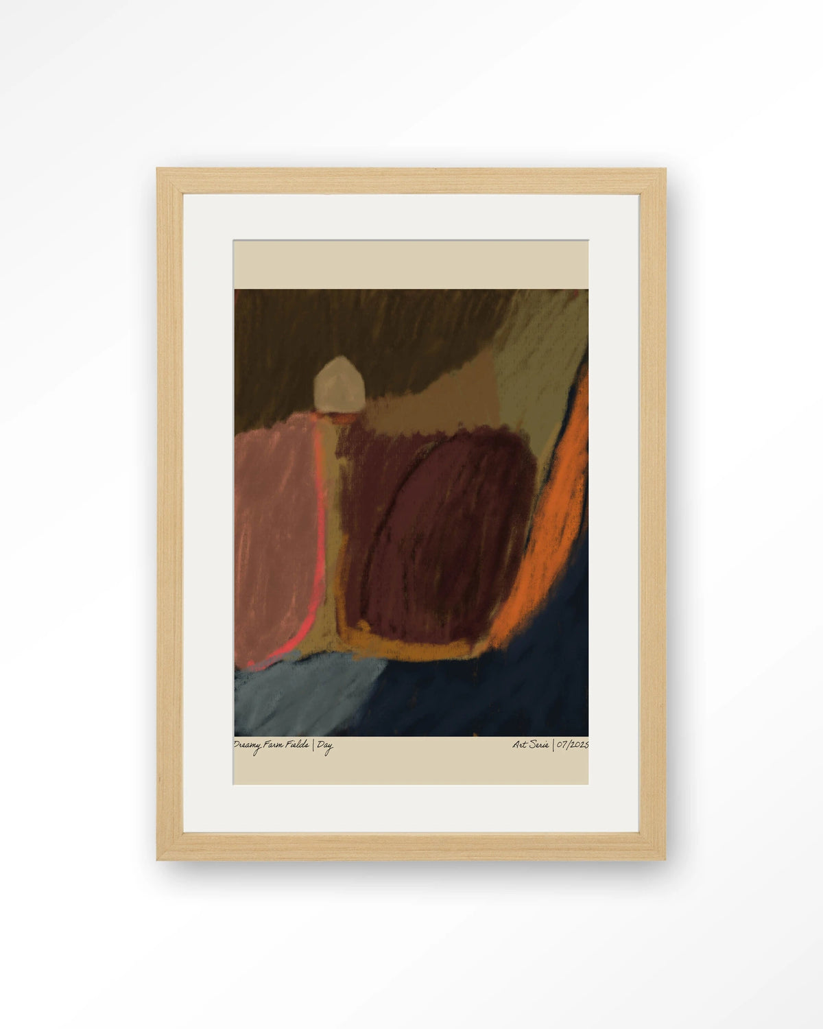 Dreamy Farmfield By Night – abstract landschap in aardetinten – Art print – Hout naturel + passe-partout