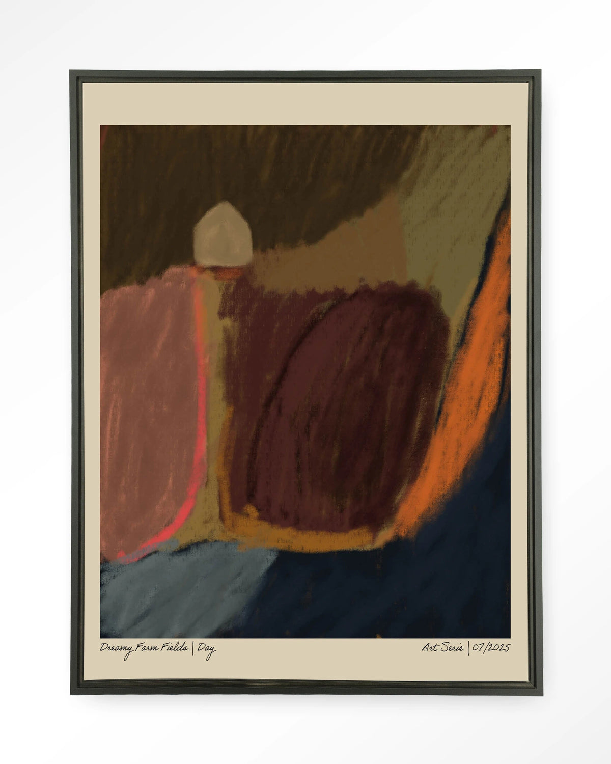 Dreamy Farmfield By Night – abstract landschap in aardetinten – Wandkleed – Floating frame – zwart
