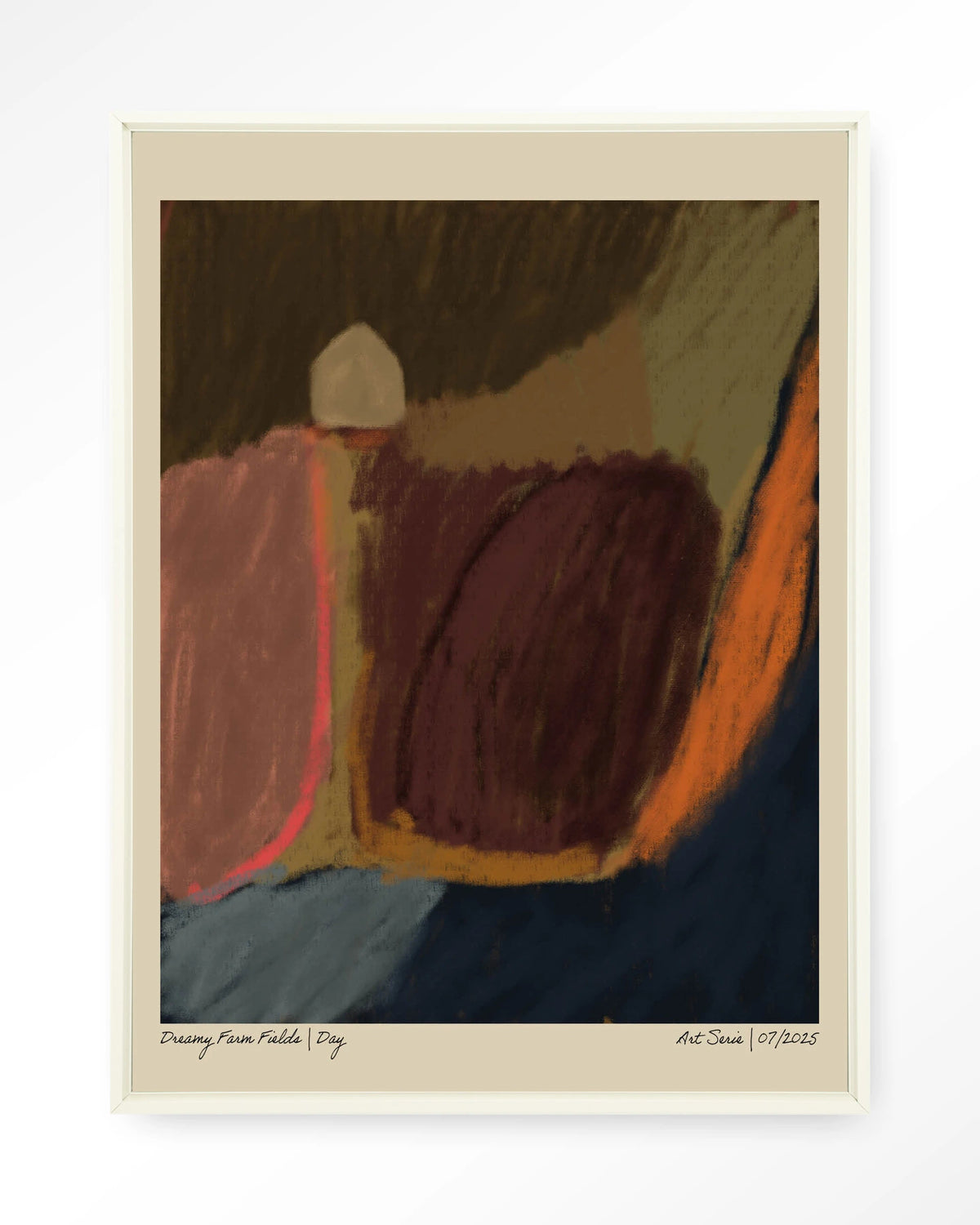 Dreamy Farmfield By Night – abstract landschap in aardetinten – Wandkleed – Floating frame – wit