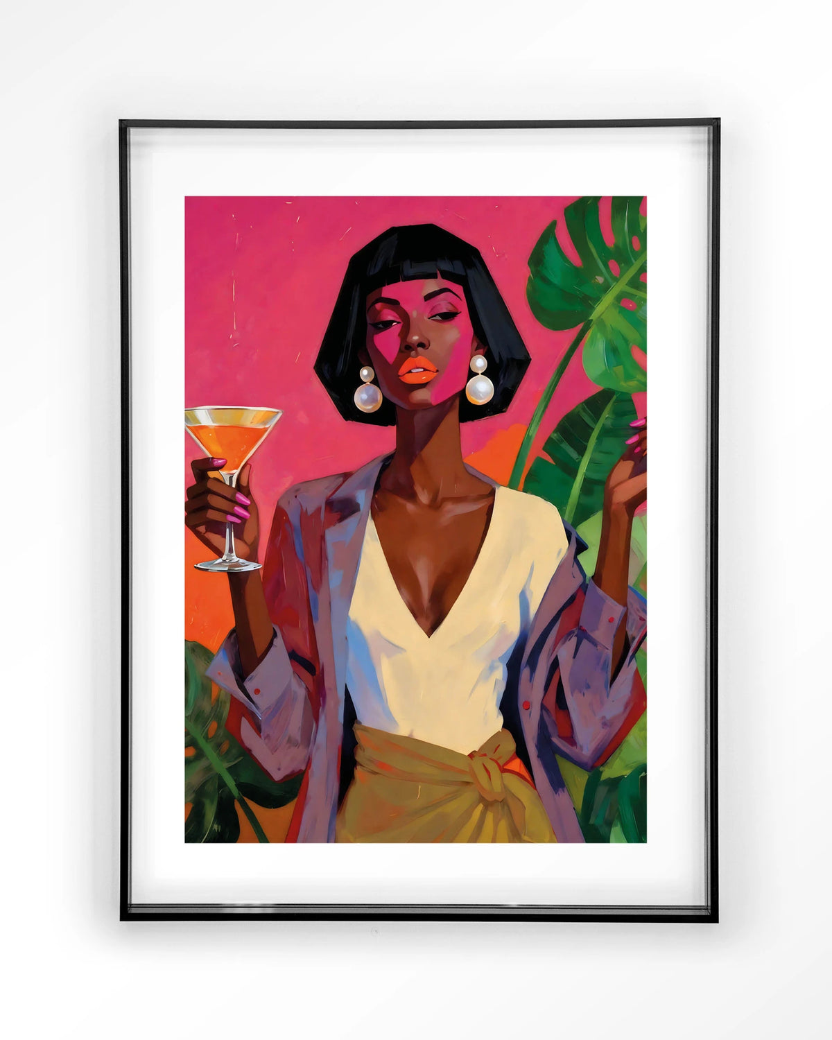 Club Tropicana – vrouw met cocktail en palmbladeren – Art print – Acryl zwart