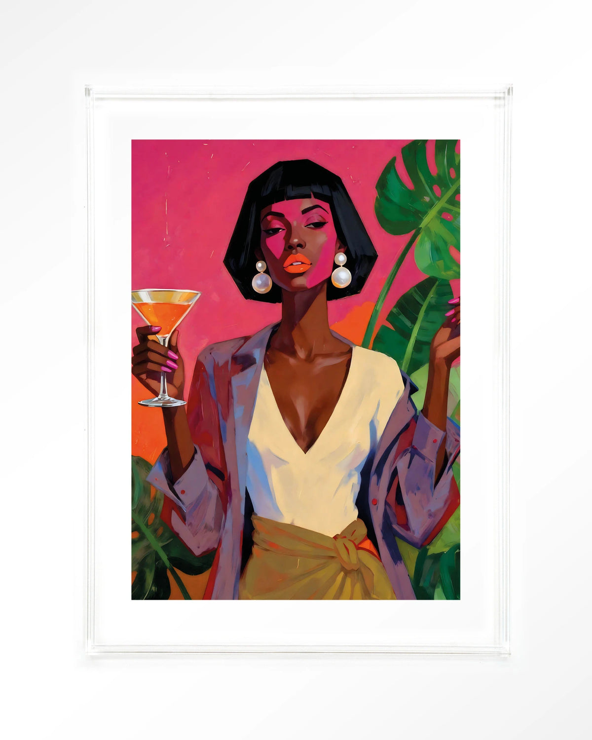 Club Tropicana – vrouw met cocktail en palmbladeren – Art print – Acryl doorzichtig