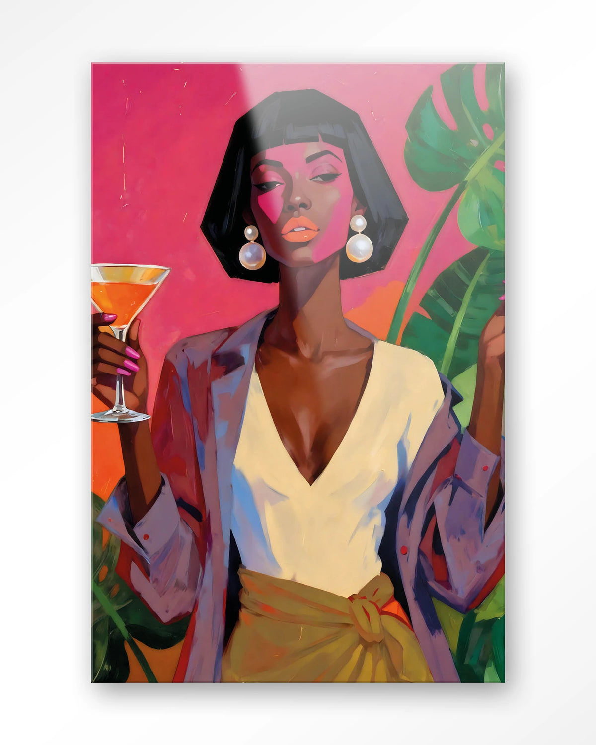 Club Tropicana – vrouw met cocktail en palmbladeren – Glas – Blinde montage