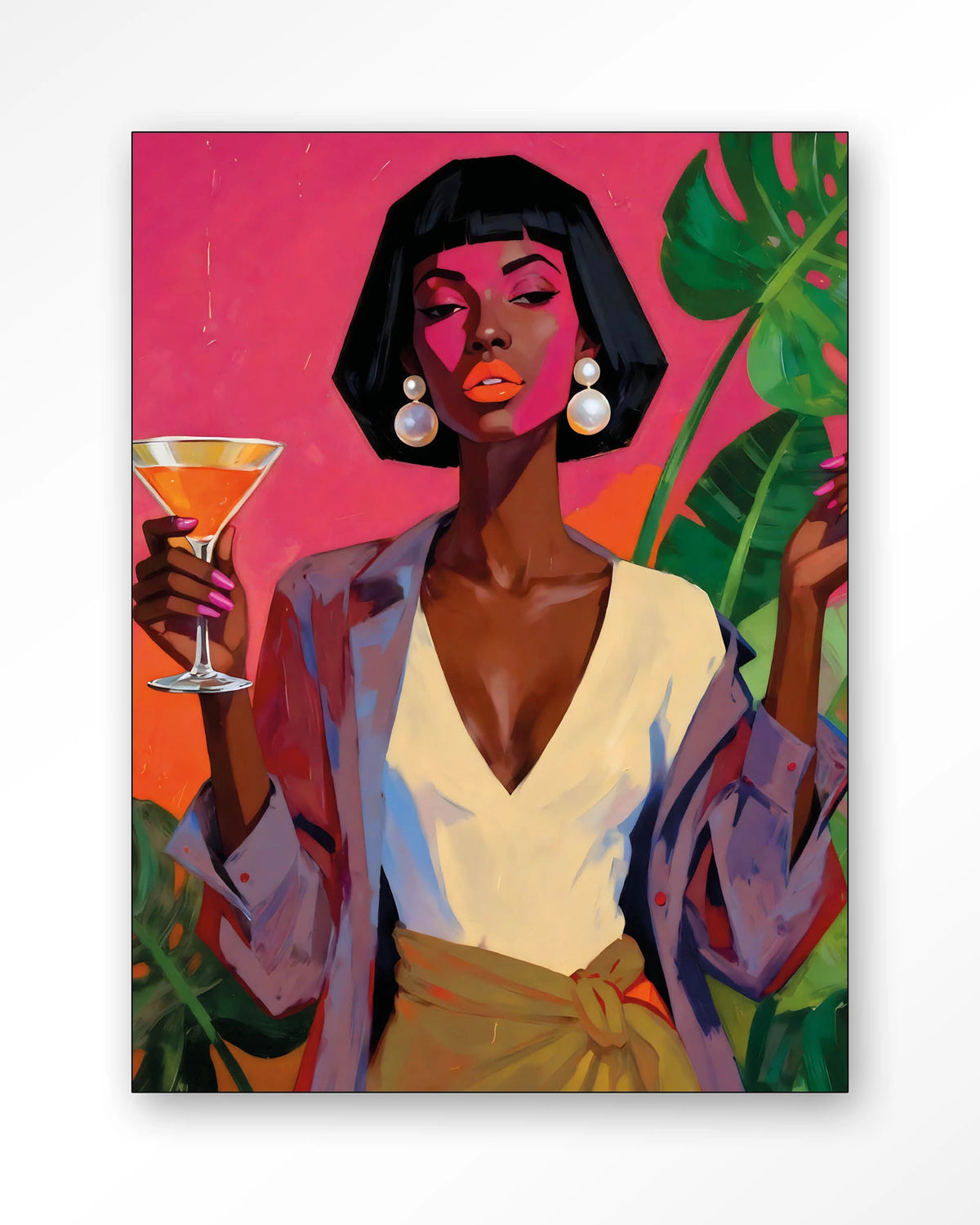 Club Tropicana – vrouw met cocktail en palmbladeren – Wandkleed – Frame – zwart