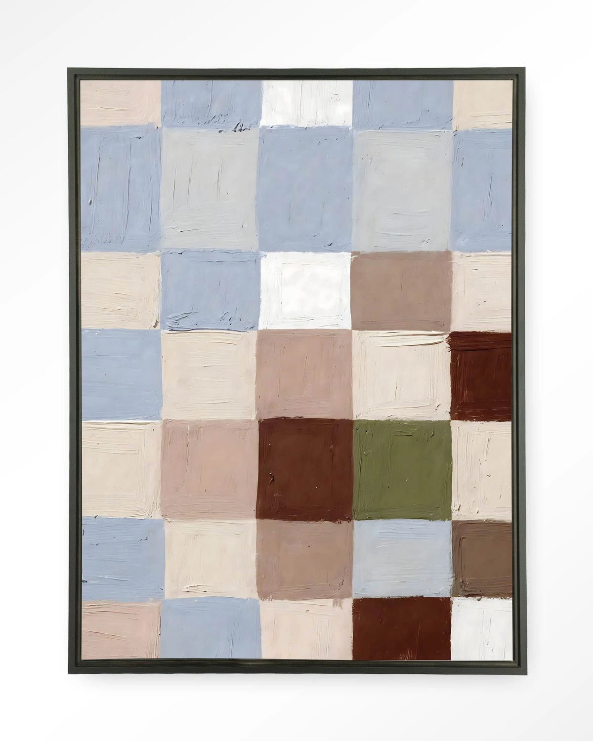 Blue Blocks – blokjes in blauw en beige – Wandkleed – Floating frame – zwart