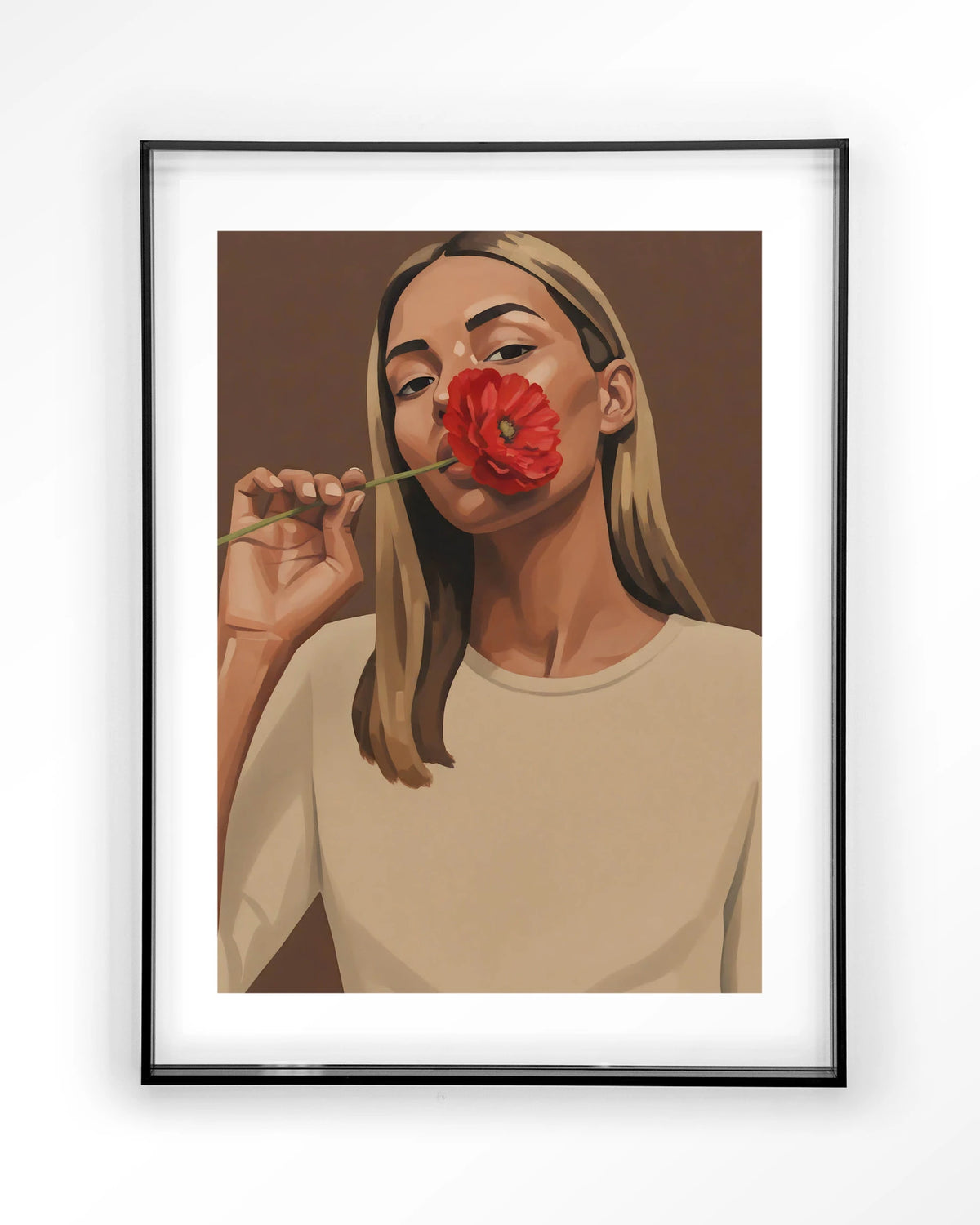 Red Poppy Girl – vrouw met rode bloem – Art print – Acryl zwart