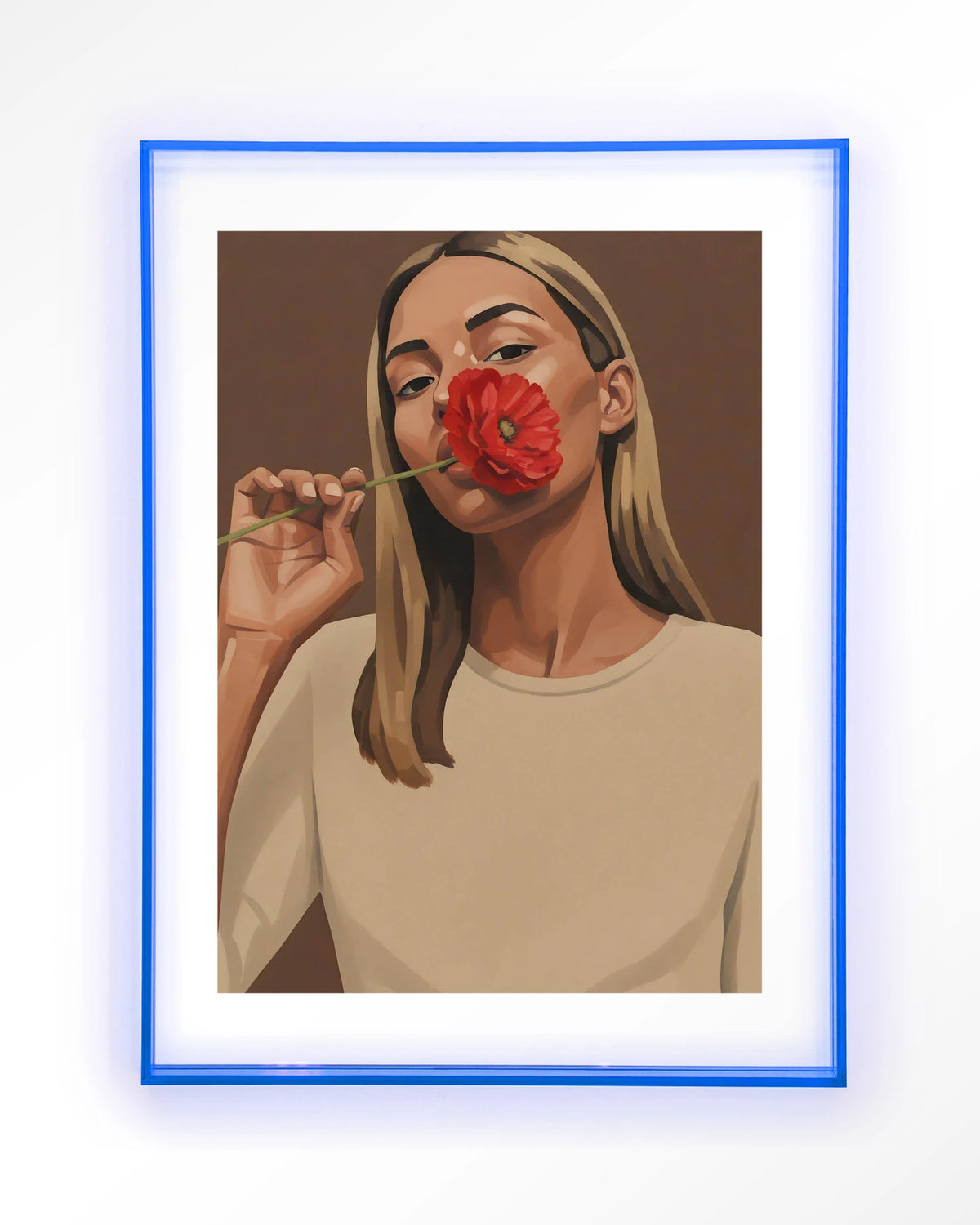 Red Poppy Girl – vrouw met rode bloem – Art print – Acryl lichtblauw