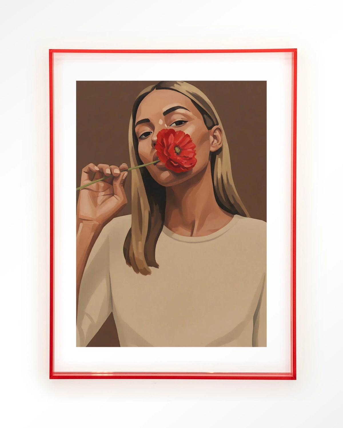 Red Poppy Girl – vrouw met rode bloem – Art print – Acryl roze