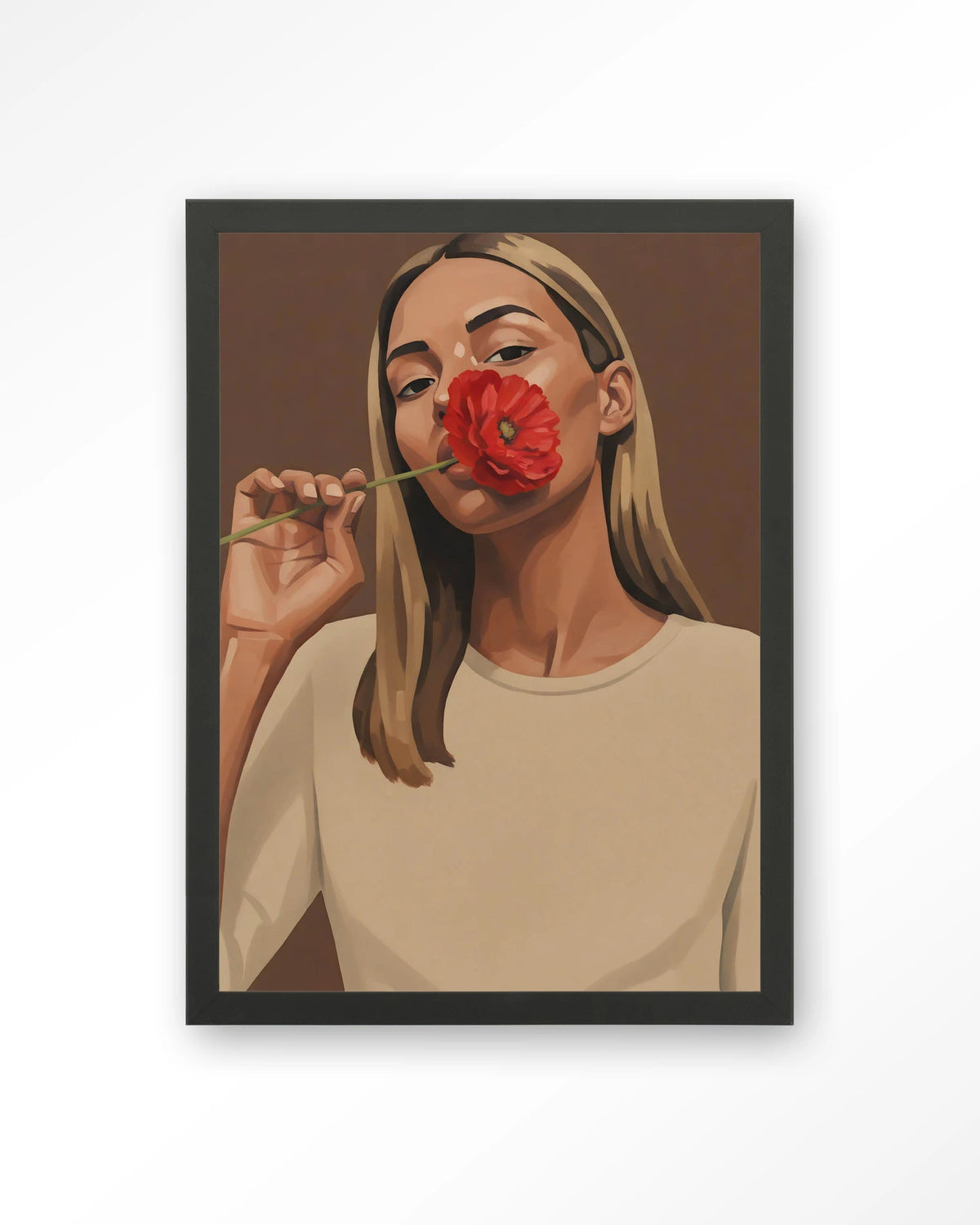 Red Poppy Girl – vrouw met rode bloem – Art print – Hout zwart