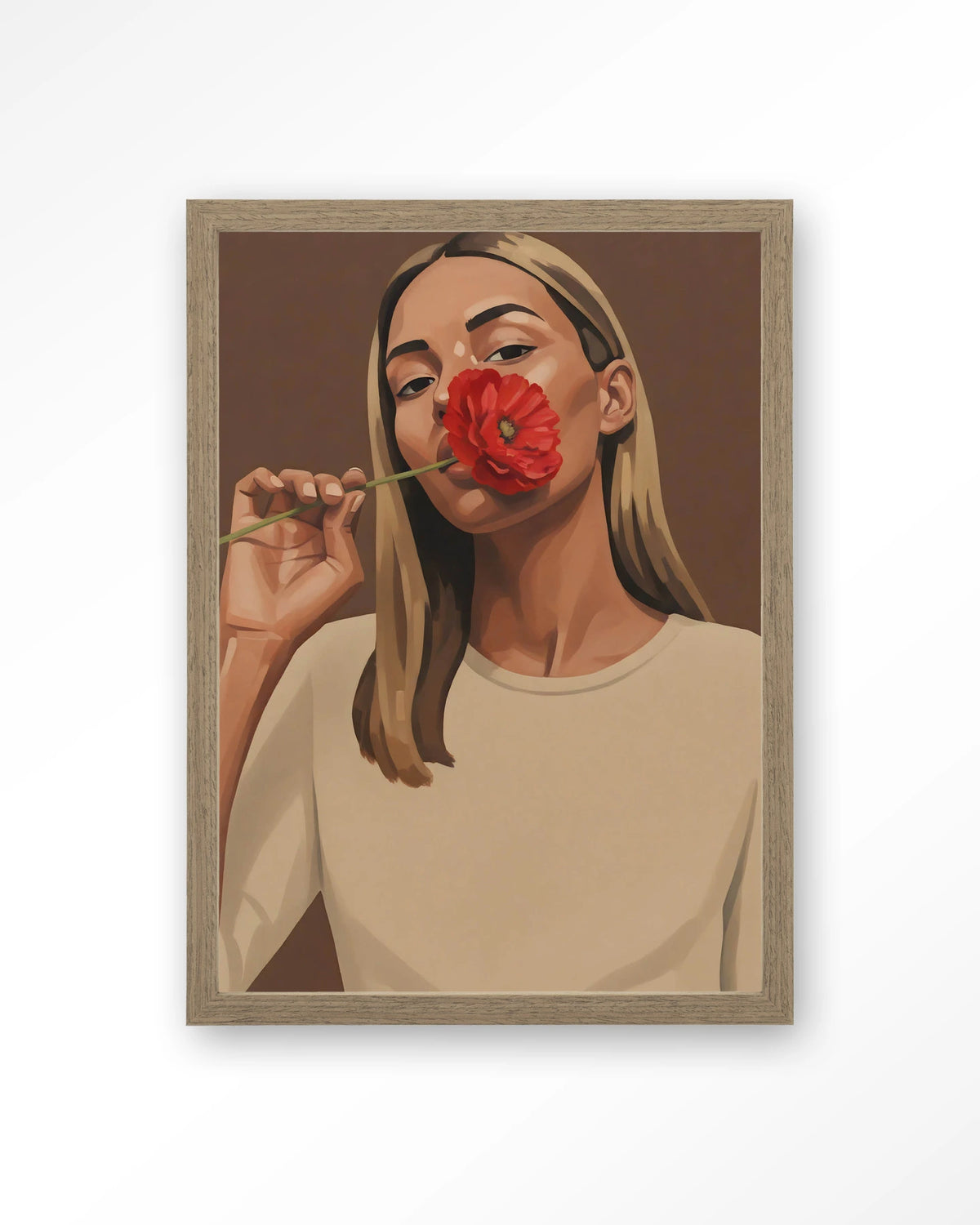 Red Poppy Girl – vrouw met rode bloem – Art print – Hout bruin