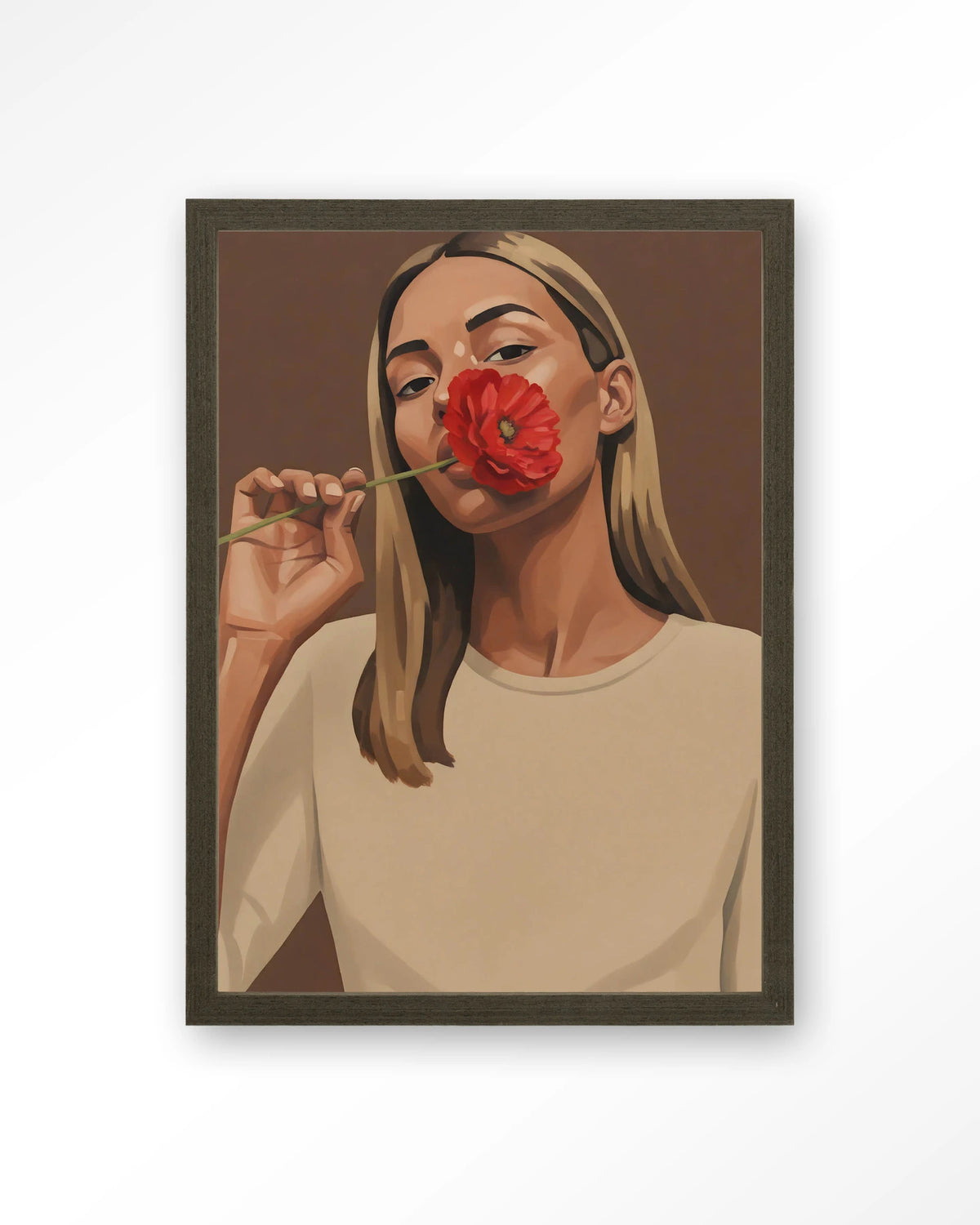 Red Poppy Girl – vrouw met rode bloem – Art print – Hout donkerbruin