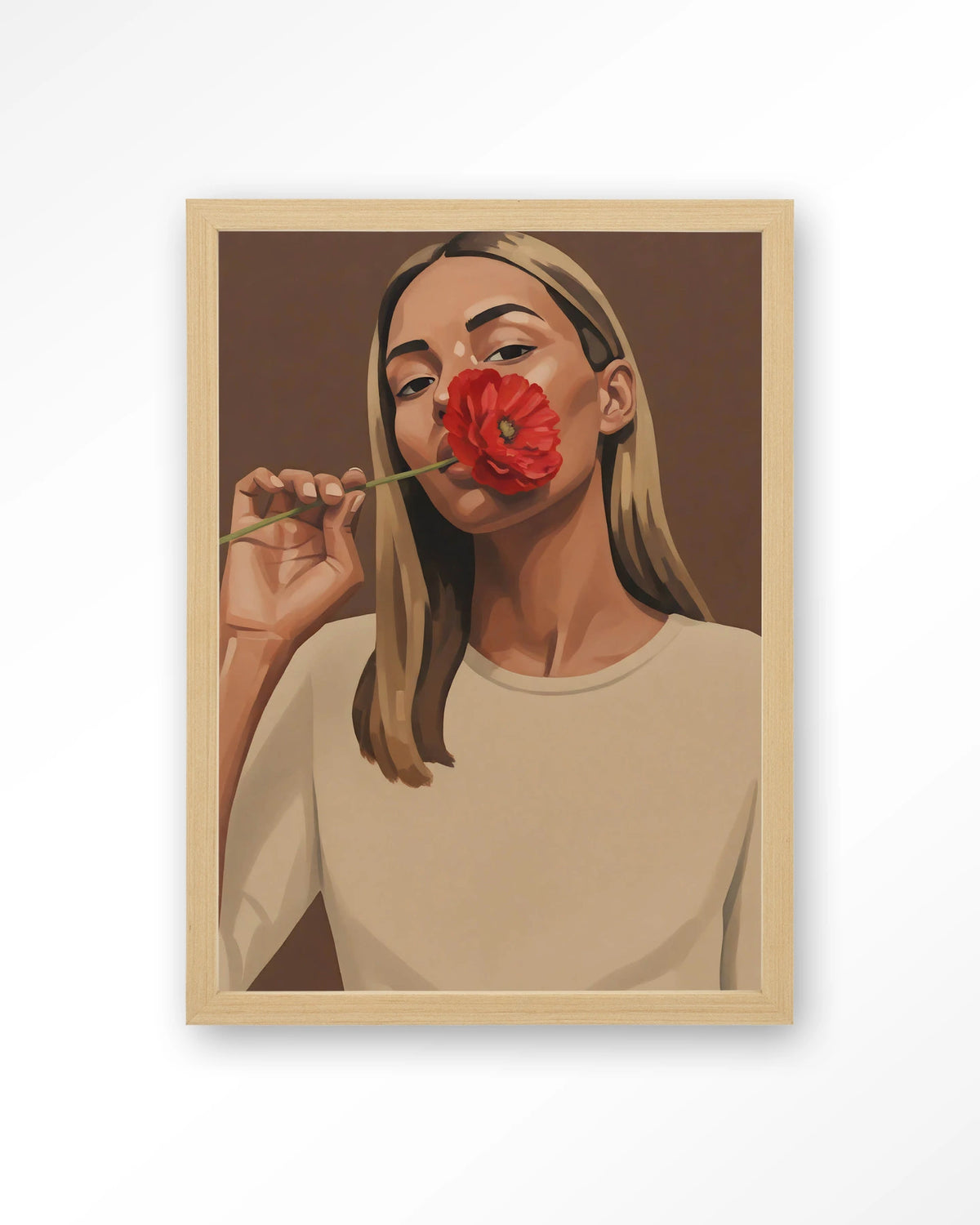 Red Poppy Girl – vrouw met rode bloem – Art print – Hout naturel