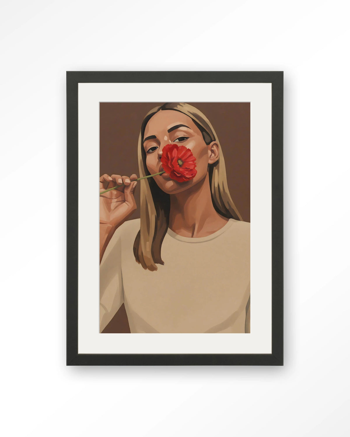 Red Poppy Girl – vrouw met rode bloem – Art print – Hout zwart + passe-partout