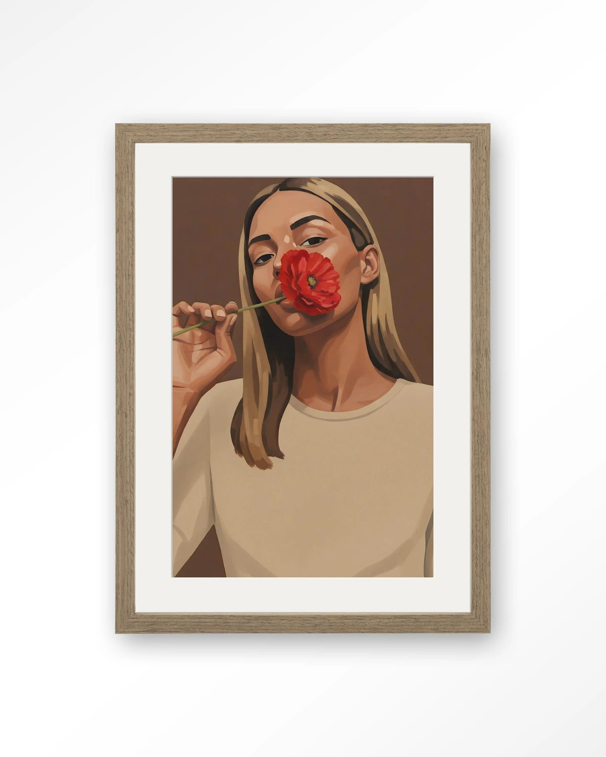 Red Poppy Girl – vrouw met rode bloem – Art print – Hout bruin + passe-partout
