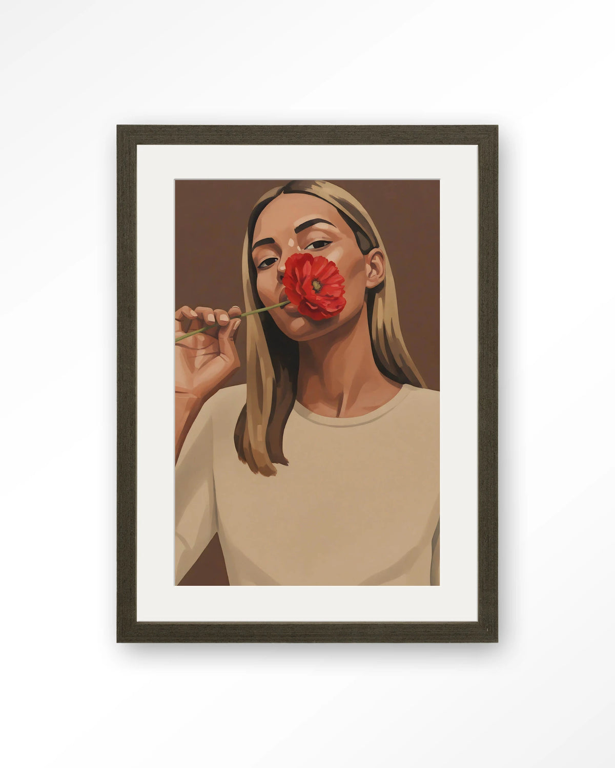 Red Poppy Girl – vrouw met rode bloem – Art print – Hout donkerbruin + passe-partout
