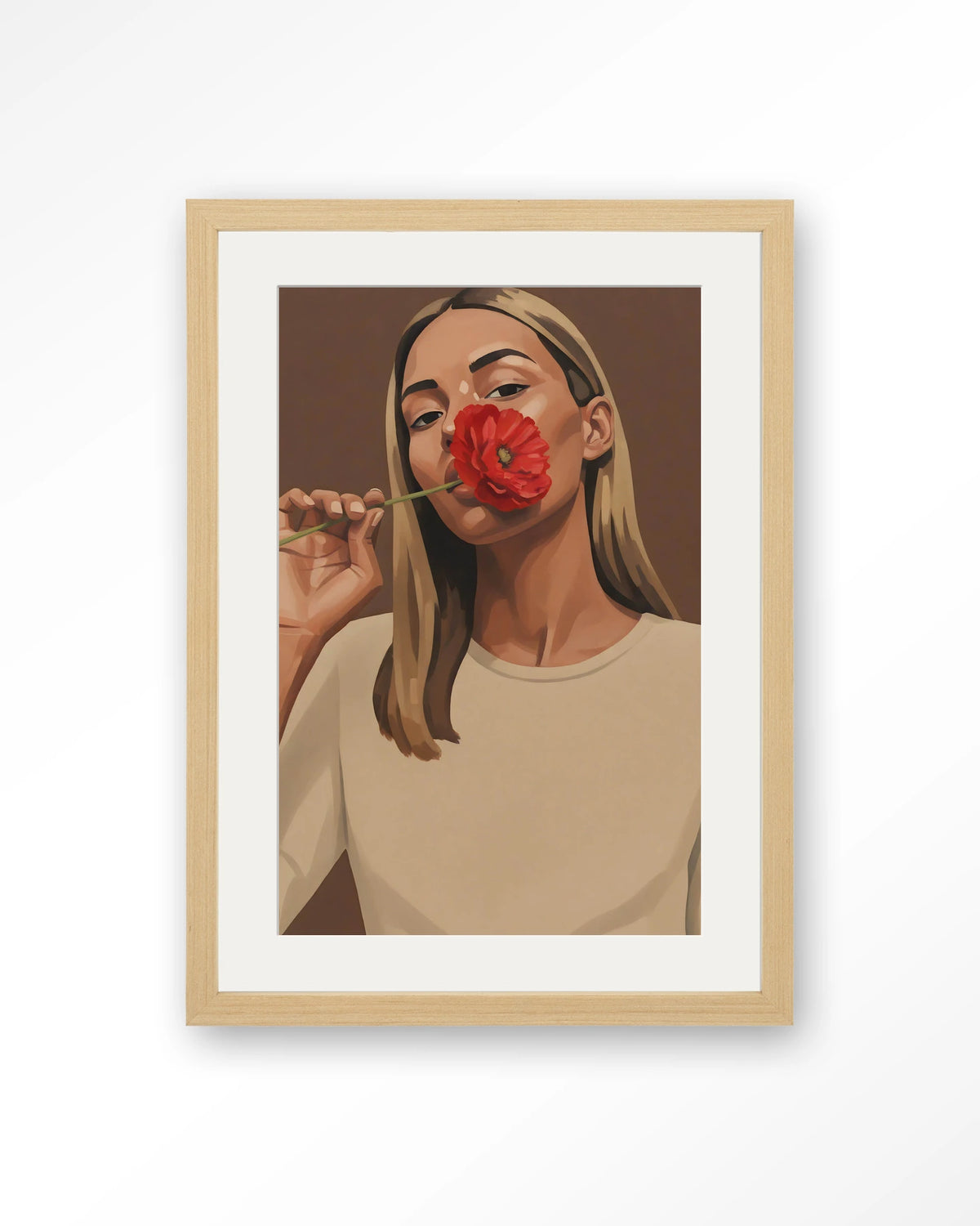 Red Poppy Girl – vrouw met rode bloem – Art print – Hout naturel + passe-partout