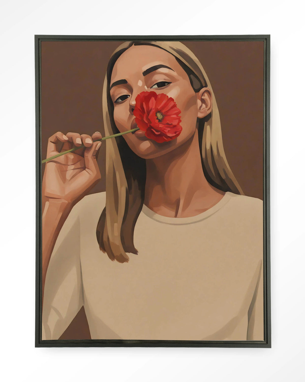 Red Poppy Girl – vrouw met rode bloem – Wandkleed – Floating frame – zwart